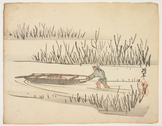 Pushing boat in marsh